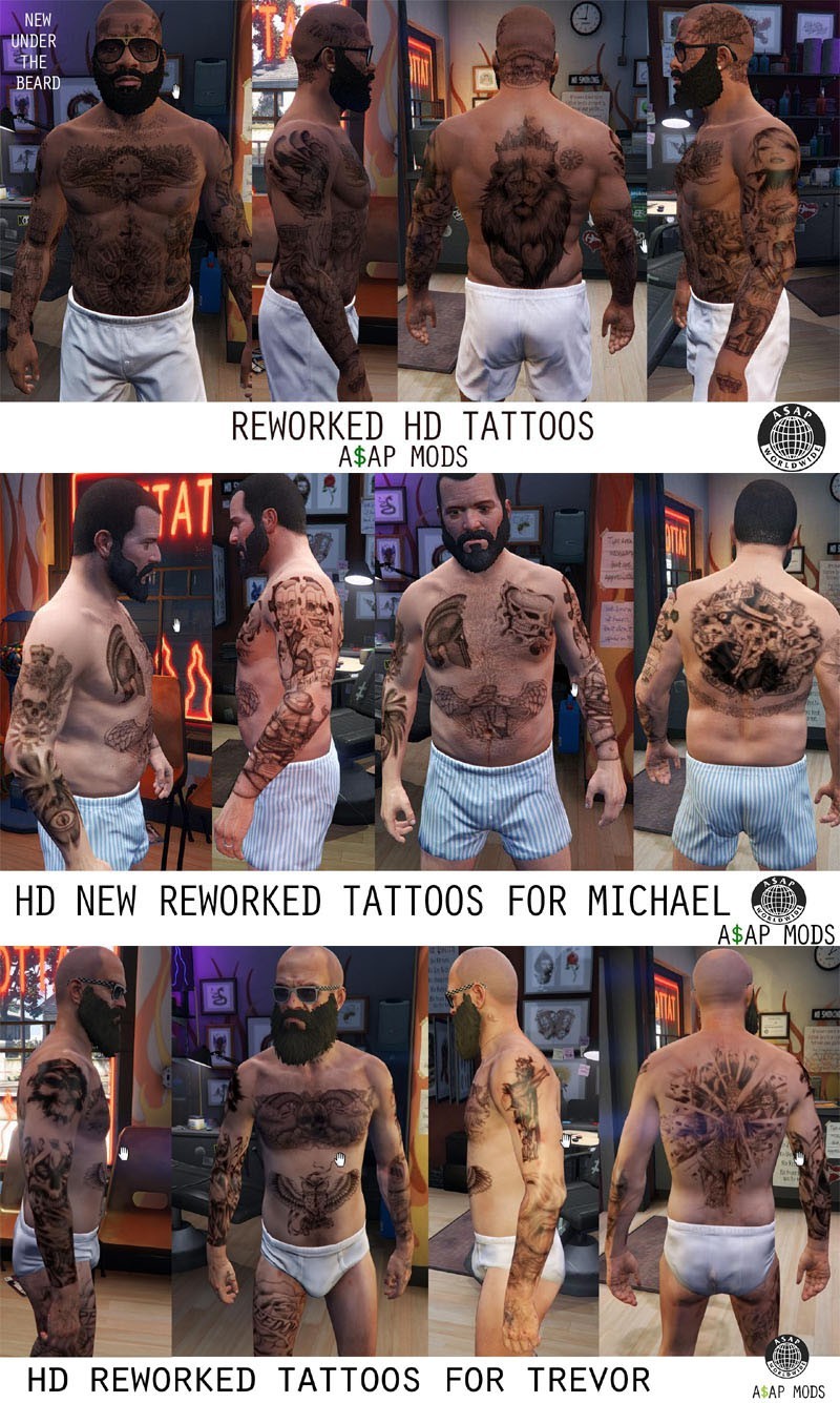 HD Reworked New Tattoos for Franklin, Michael & Trevor